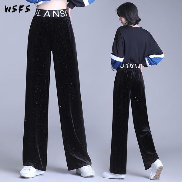 

winter warm long wide leg pants black plus size velvet womens hight elastic waist korean ladies sequins loose trousers women's & capris, Black;white