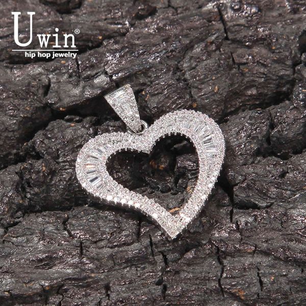

uwin mini hollow heart pendant iced out bling charm with box chain statement necklace men women hip hop chains for jewelry gift, Silver