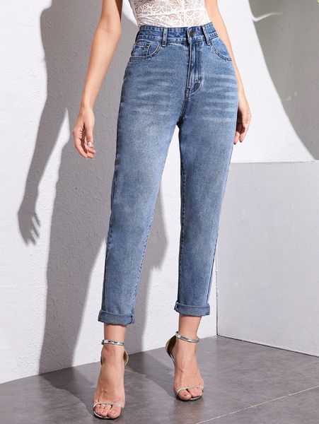 

high waisted slant pocket tapered jeans t4my#, Blue