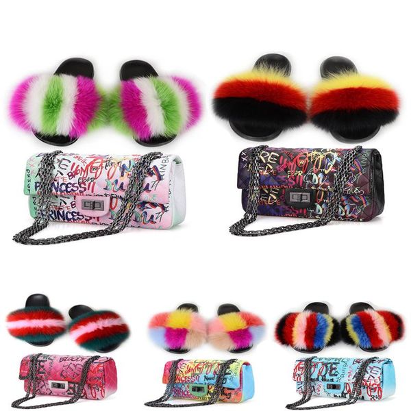 

ladies graffiti jelly small square bags chain shoulder bag set women fur slippers luxury furry flip flops soft fluffy slides, Black