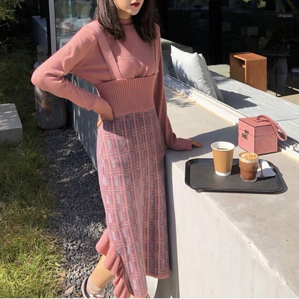 

two piece dress knitted pink outfits 2021 pullover slim sweater jumper female+ruffled pencil overall skirts spring skirt set women, White
