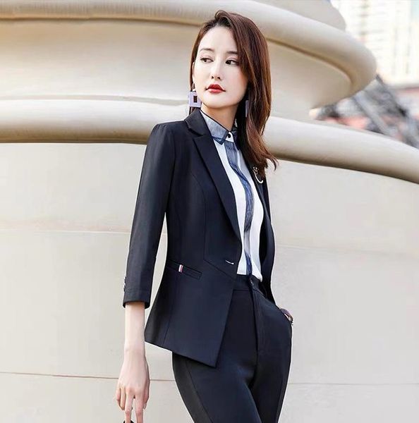 

women's suits & blazers 2021 spring chic women midi sleeve black blazer feminina office lady short slim chaqueta mujer, White;black