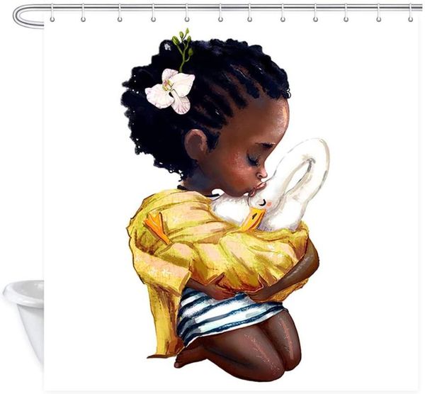 

shower curtains afro girl african women of curles hairs holding a swan bath curtain