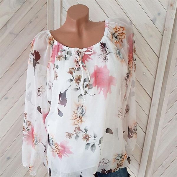 

plus size long sleeve women shirt casual clothing floral lace up blousa, White