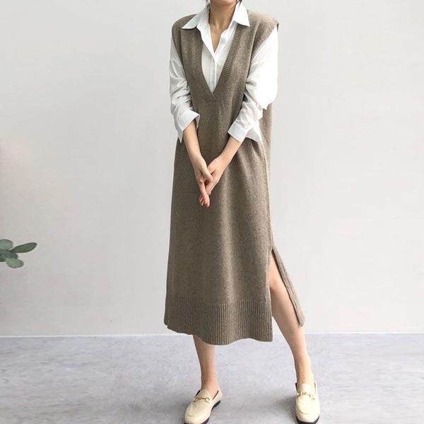 

casual dresses chic v-neck knitted dress for women elegant autumn winter one-piece sleeveless loose split sweater fashion ladies vestido, Black;gray