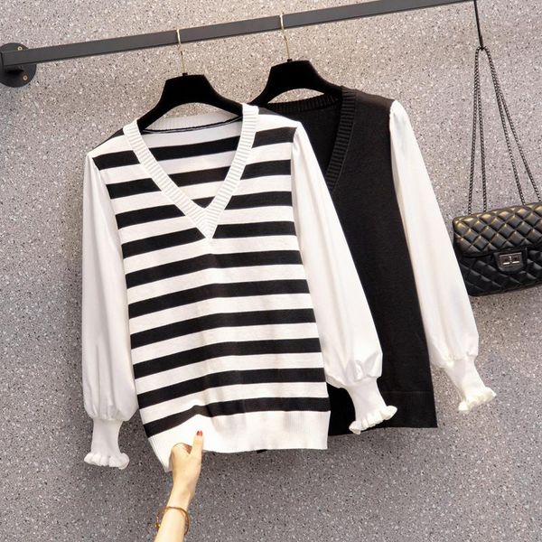 

women's sweaters black striped knitted plus large size oversize korean style fashion pullovers for autumn clothing ladies 2021, White;black