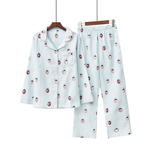 

women's sleepwear spring summer pyjamas set loose pajamas women cotton double gauze strawberry print home clothes long sleeve sleepwear, Black;red