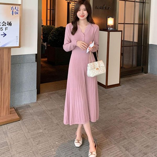 

casual dresses one piece korean ladies knit dress autumn winter pullovers warm knitted long sleeve sweater midi base, Black;gray