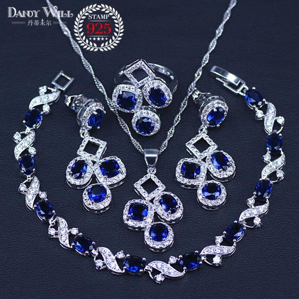 

earrings & necklace blue zircon bridal silver color jewelry sets women pendant&necklace ring with natural stones bracelets gift box