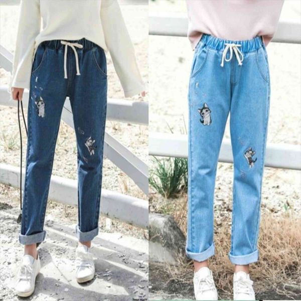 

sweet cute cat puppy embroidery womens jean girls denim elastic waist tie student long cotton women trousers, Blue
