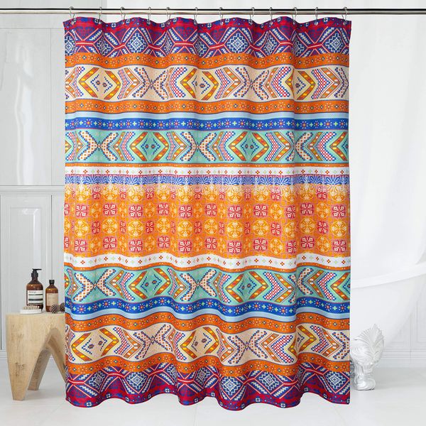 

fabric boho shower curtain set with 12 hooks for bathroom, waterproof and machine washable - 72" x 72", orange and red