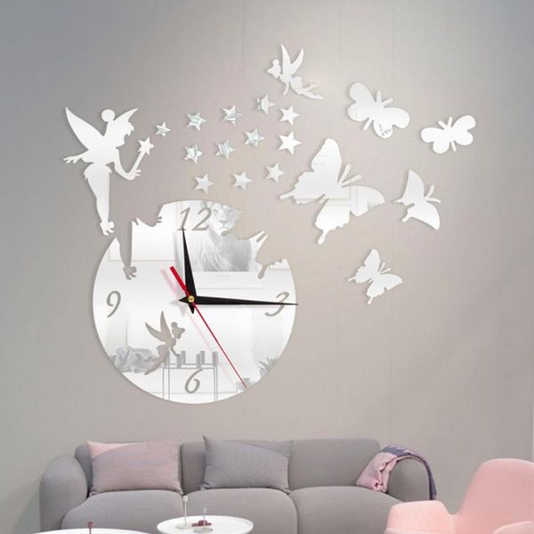 Wandklokken 3D Spiegel Acryl Klok Sticker Fee Sterren Vlinder Woonkamer DecorWall