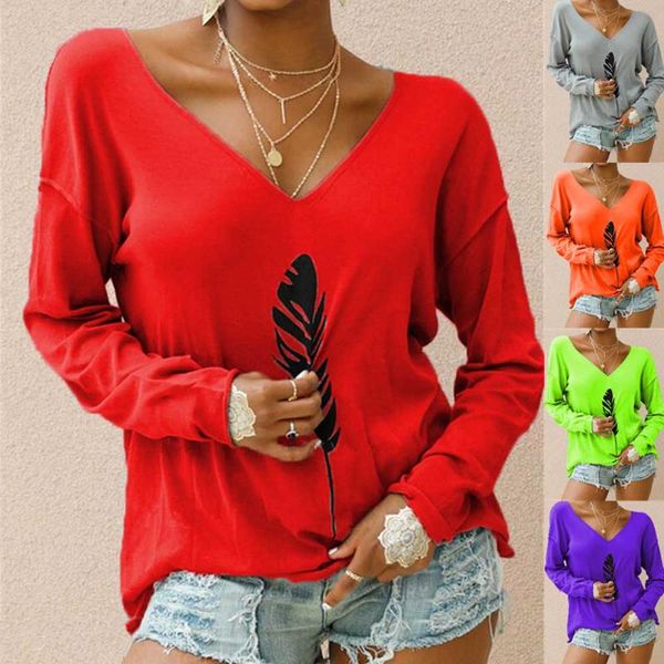 

women's t-shirt v neck feather printed long sleeve loose t-shirts oversized s-5xl autumn spring tee wdc6056, White