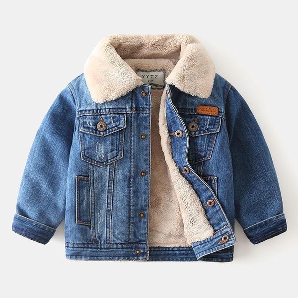 

down coat 2-6 yrs kids boys denim jackets velvet thick warm winter single breasted lapel children jean infant casual coats outerwear, Blue;gray