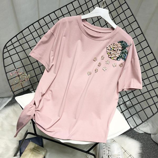 

women's t-shirt plus size women pink t-shirts femme short sleeve tees lady big embroidery cotton, White