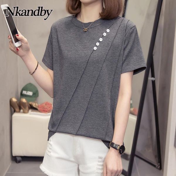 

women's t-shirt plus size women tshirt 2021 summer casual loose short sleeve t shirt oversize button round neck minimalist female cloth, White