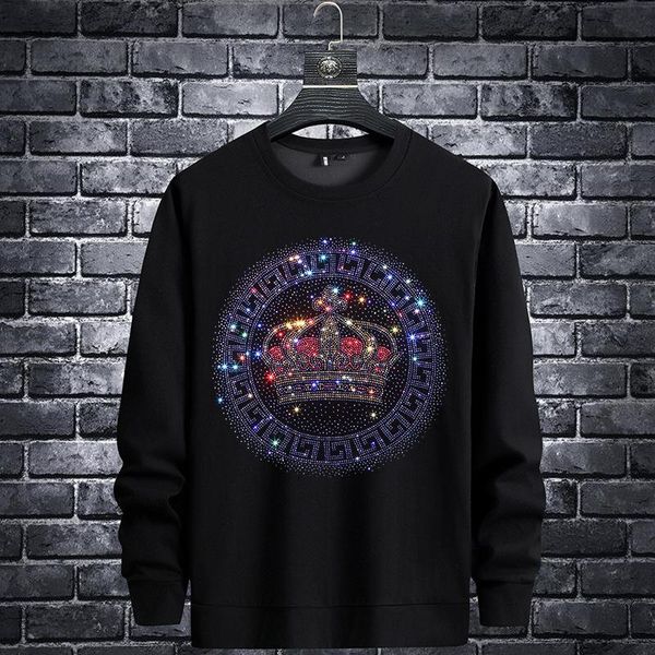 

rhinestones 2021 crown men hoodie sweatshirt fashion streetwear slim full pullover o neck cotton mens autumn clothes 7xl men's hoodies, Black