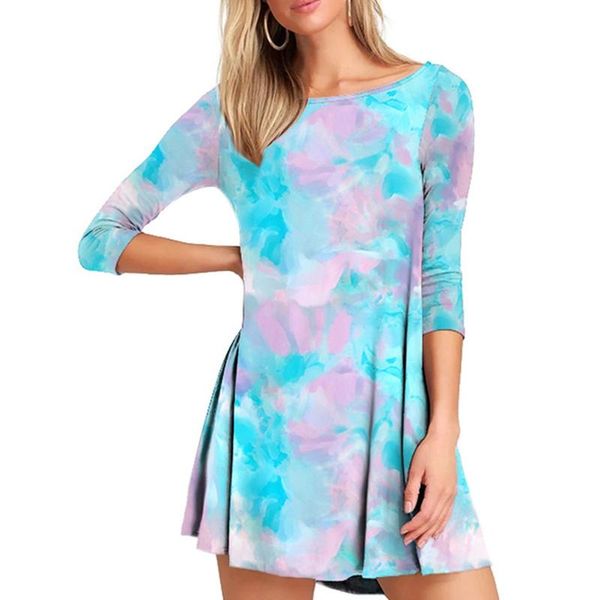 

spring autumn style europe and america women's dress three-quarter-length sleeve crew neck tie-dye floral printed casual dresses, Black;gray