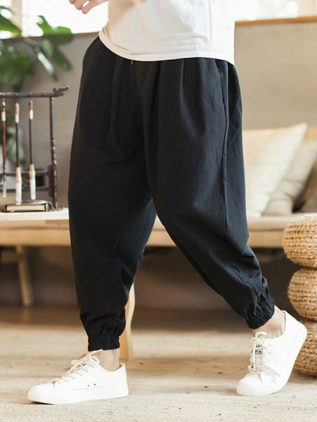 

men drawstring waist solid carrot pants 67va#, Black