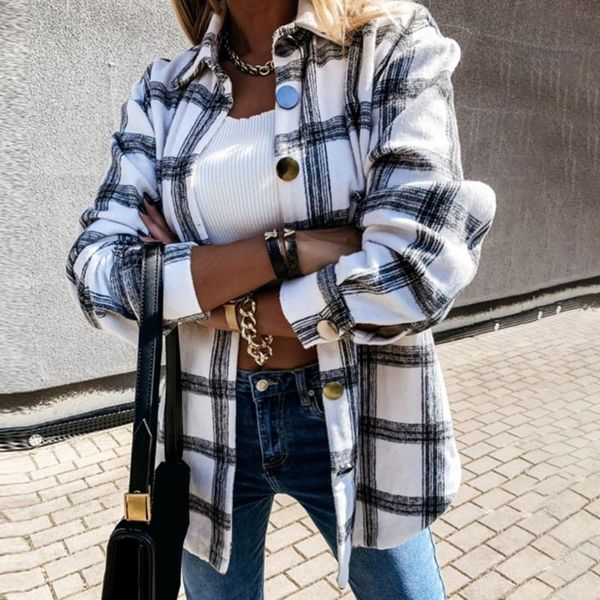 

women's blouses & shirts autumn spring long plaid shirt women casual white sleeve pocket button up collared clothes fashion 2021 fall
