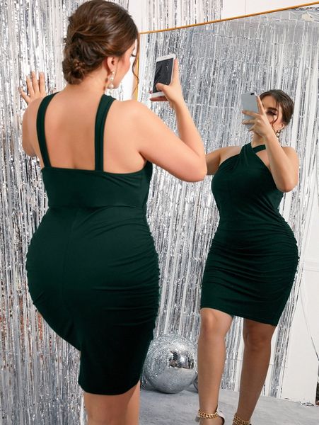 

plus solid ruched bodycon dress i41r#, Black