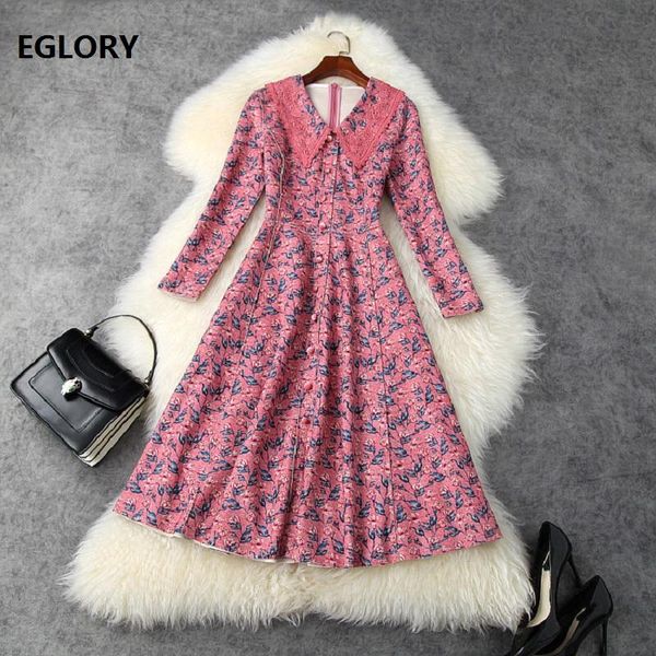 

casual dresses 2021 autumn winter runway dress women lace turn-down collar colorful floral print long sleeve black pink, Black;gray
