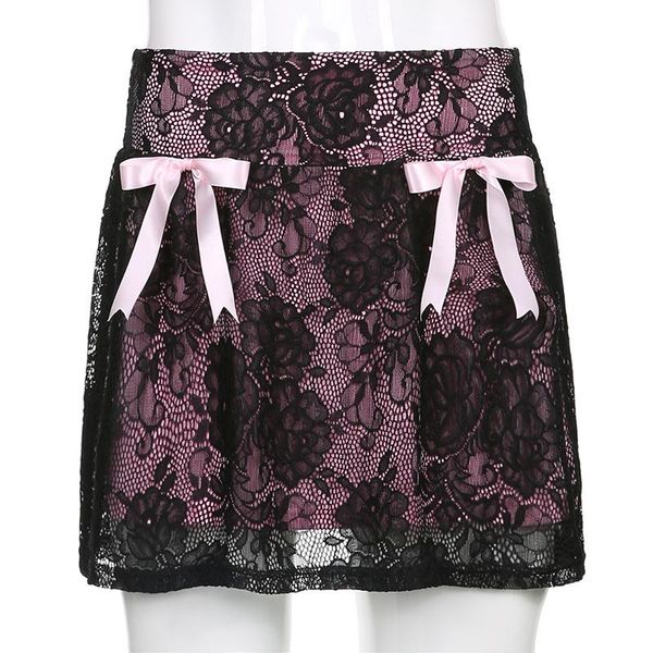 

skirts lace bow stitching contrast color high waist skirt, Black