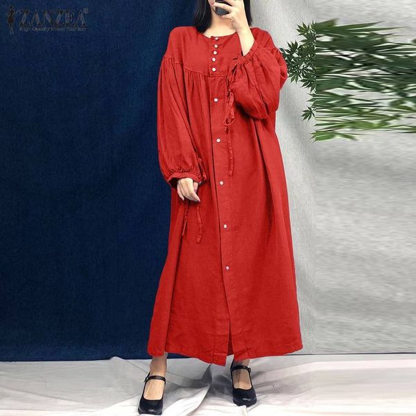

women's blouses & shirts womens autumn long maxi dress casual solid buttons kaftan female soft puff sleeves robe plus size zanzea, White