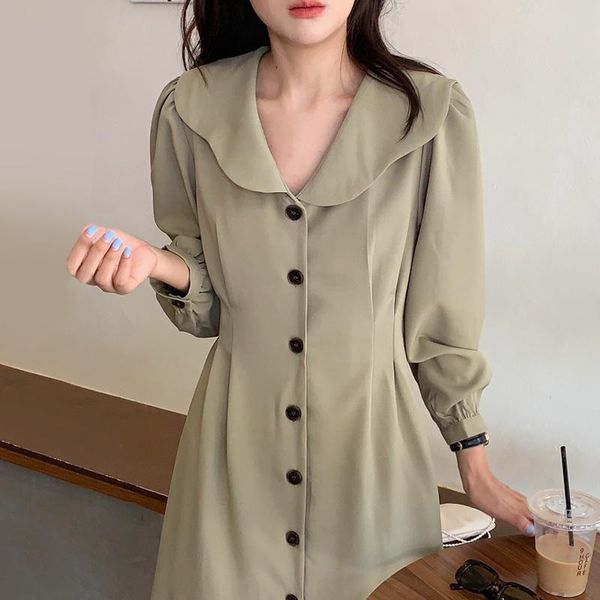 

casual dresses [ewq] korean chic autumn solid color lapel single breasted pleated waist bubble sleeve mid-calf dress women fashion 2021 16e2, Black;gray