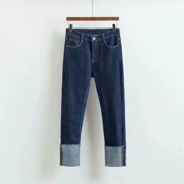 

jeans f7470 - korean women's clothing fall / winter 2021 high waisted trousers with color contrast and curled hem, Blue