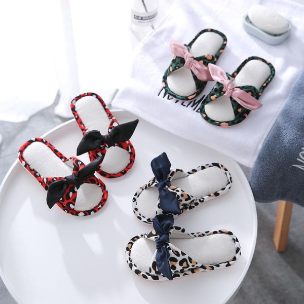 

slippers millffy sandals women indoor non-slip soft bottom bow cotton linen insole japanese leopard ladies, Black