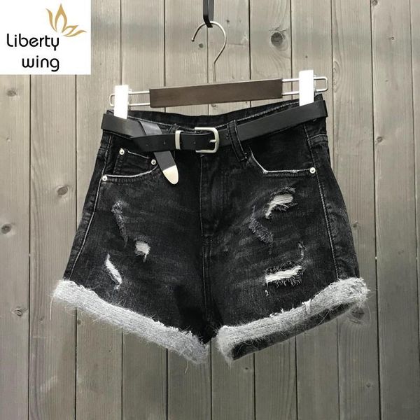 

women's jeans winter women korean high waist loose fit shorts hole ripped fur spliced streetwear trousers female casual denim, Blue