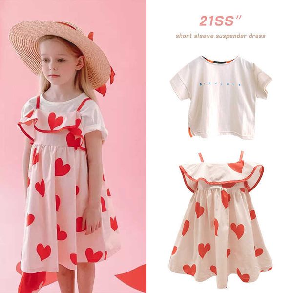 Корейские девушки принцессы розовые рюшами в форме сердца слинг платье письма белый с коротким рукавом футболка 2021 летняя новая детская одежда Q0716