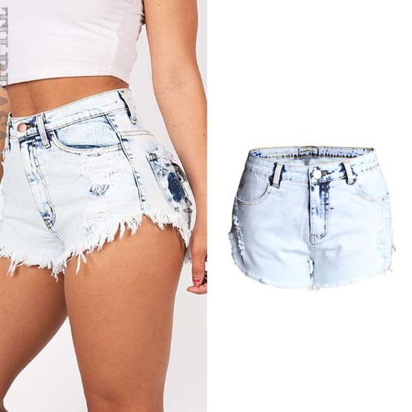 

women's jeans 2021 summer high-waist light-colored white-washed washed frayed shorts large size trend hole women, Blue