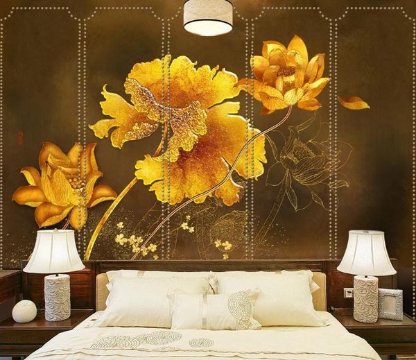 

po wallpaper 3d luxury golden lotus background wall mural living room bedroom backdrop papers wallpapers