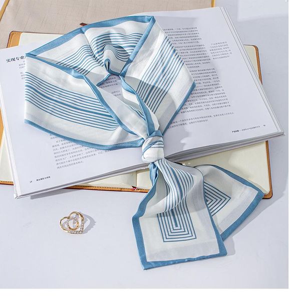 

scarves qlukeoyy silk scarf women fashion narrow strip small print neck office lady hair band foulard hand kerchief female, Blue;gray