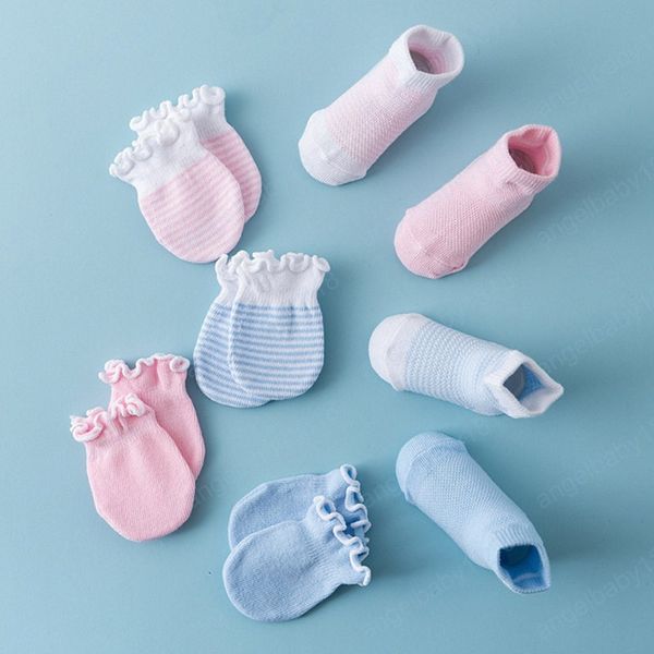 4PAIR / набор сплошных цветов детские носки перчатки набор милые полосы эластичные младенческие малыши носки мягкие хлопчатобумажные новорожденные девушки мальчик рюша