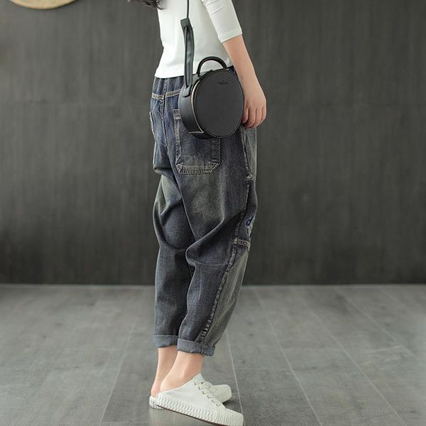 

women's pants & capris cotton embroidered denim harem early autumn retro artistic elastic waist casual, Black;white