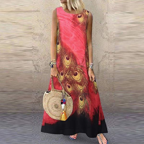 

dresses vintage printed maxi dress women's summer sundress 2021 casual sleeveless tank vestido female v neck robe femme plus size, Black;gray