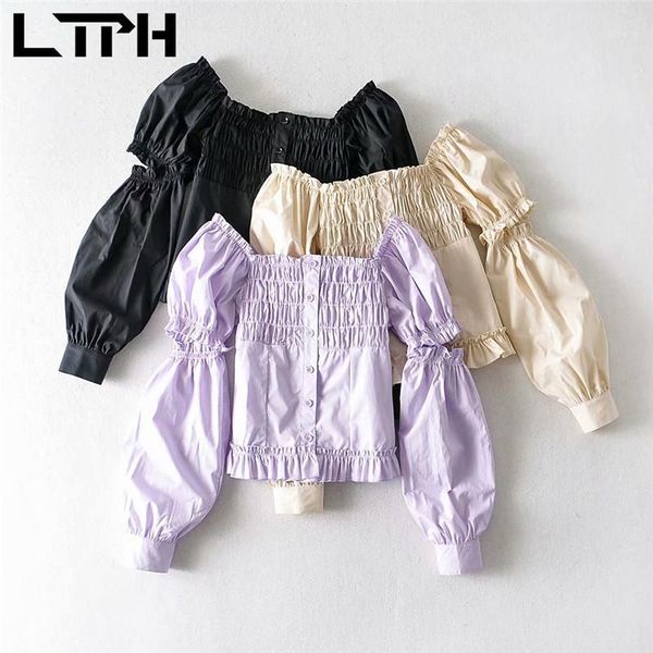 

women's blouses & shirts ltph puff sleeves detachable vintage women square collar short single breasted shirt casual folds 2021 summer, White
