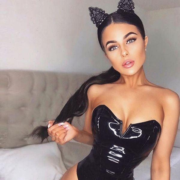 

low cut bodysuit women jumpsuits strapless bodycon black high leg zipper womens body suit club partywear vinyl bodysuits, Black;white