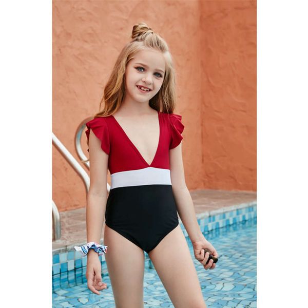 

children's suit girls' solid one piece bikini swimsuit children's color matching triangle swimsuit, Black
