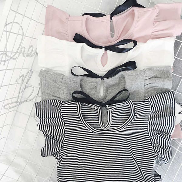 

enkelibb toddler girl summer causal t shirt ruffle t-shirt for girls lovely baby pink/white/gray/striped basic tees quality y0914, Blue