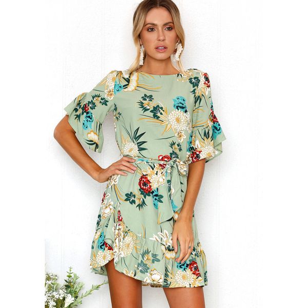 

women's clothing dresses 2021 summer women's irregular skirt round neck printed chiffon dress, Black;gray