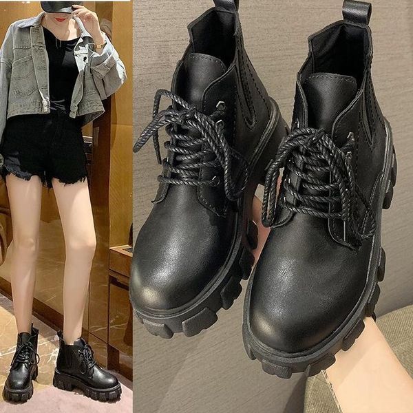 

boots women autumn shoes high-quality leather handmade ladies ankle casual round head and winter, Black