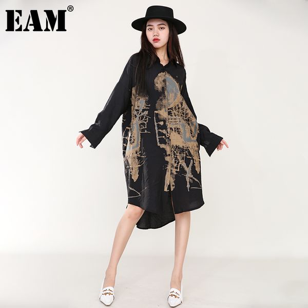 

[eam] women black pattern print big size shirt dress lapel long sleeve loose fit fashion early spring 1m92501 21512, Black;gray