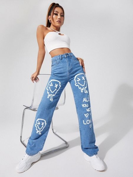 

cartoon and slogan graphic straight leg jeans 523n#, Blue