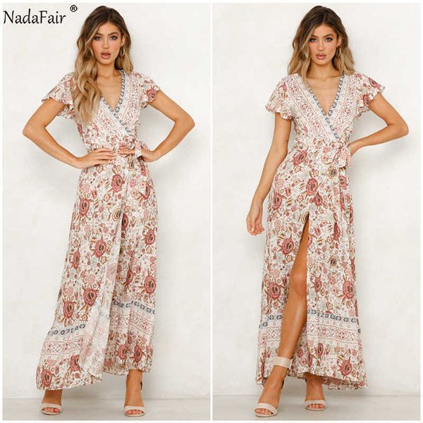 

2021nadafair vintage floral maxi dresses elegant beach sash v neck split print tunic long summer boho dress women vestidos, Black;gray