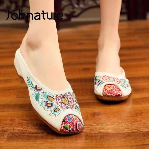 

slippers johnature shoes women 2021 embroider outside slides flat with national style leisure cotton fabric floral, Black