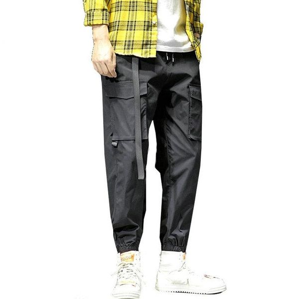 

cargo pants joggers ankle-length men hip hop casual sweatpants overall high street multi-pockets harem men's, Black